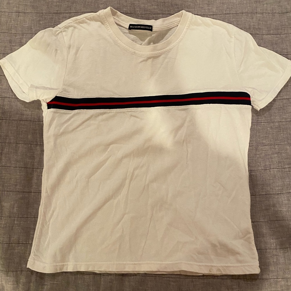 Brandy Melville Blue and Red Striped White Shirt